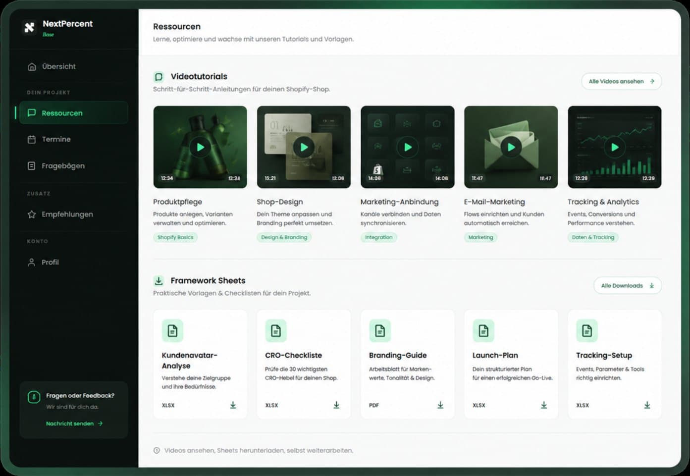 NextPercent Base: Videotutorials und Framework Sheets im Kundenbereich