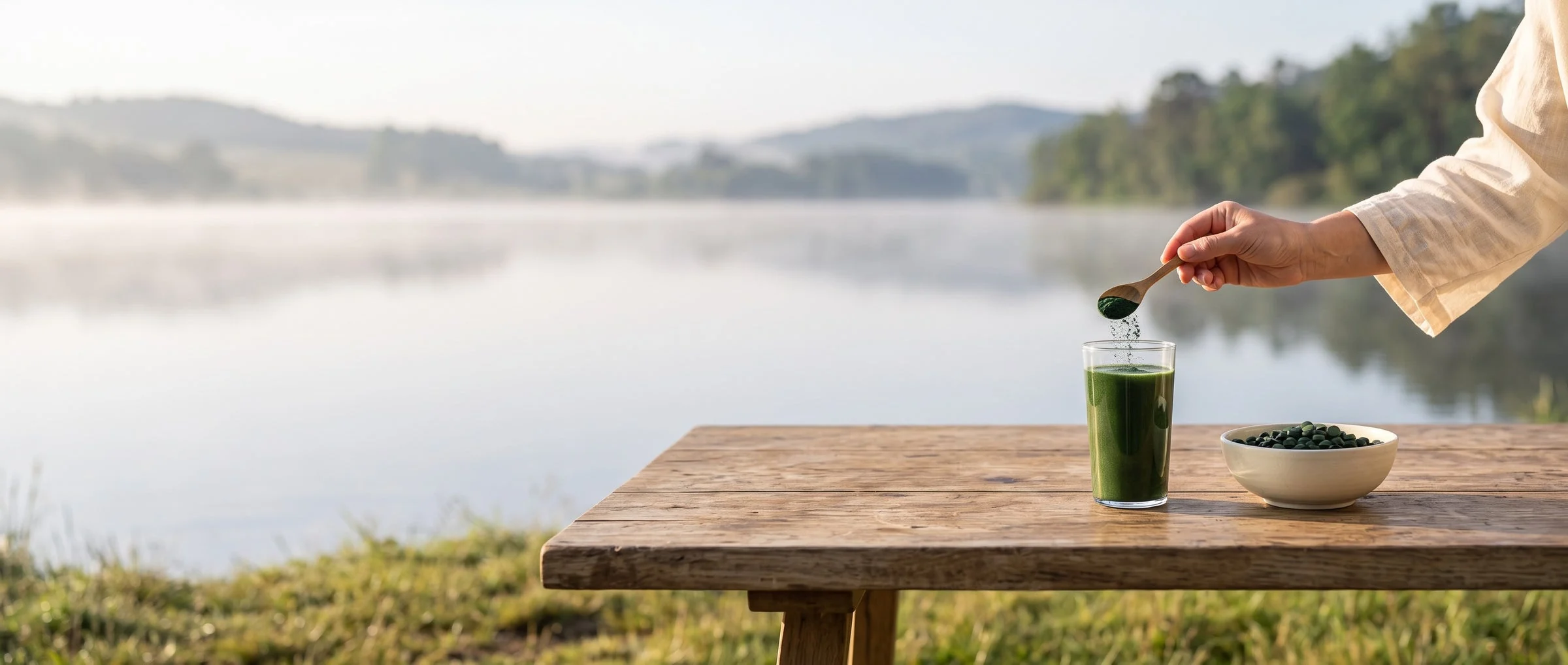 Hero-Motiv des neuen Feine-Algen-Shops: Algenpulver wird am See in ein Glas gerührt