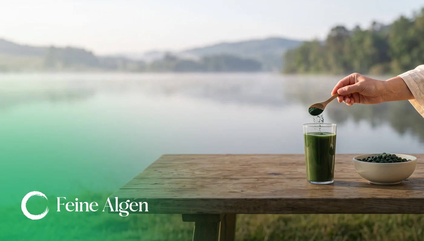 Feine Algen: Algenpulver wird am See in ein Glas gerührt, Feine-Algen-Logo