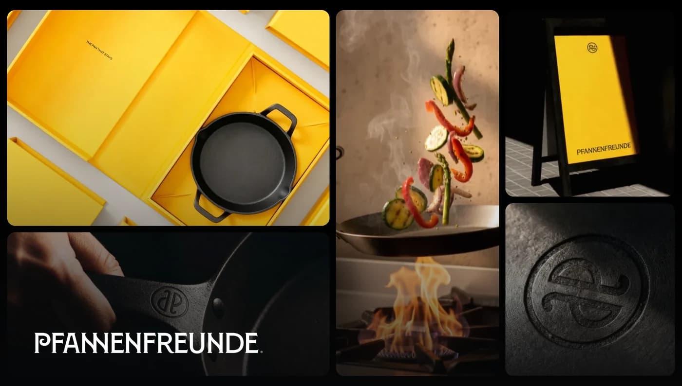 Collage Pfannenfreunde: gelbe Box mit Eisenpfanne, Hand am geprägten Griff, Gemüse über der Flamme, gelber Aufsteller und Zeichen im Eisen