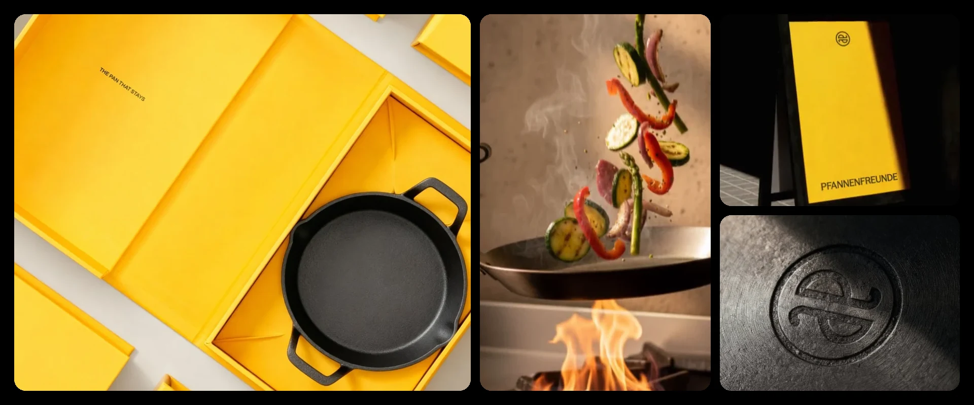 Collage Pfannenfreunde: gelbe Box mit Eisenpfanne, Gemüse über der Flamme, gelber Aufsteller und Zeichen im Eisen