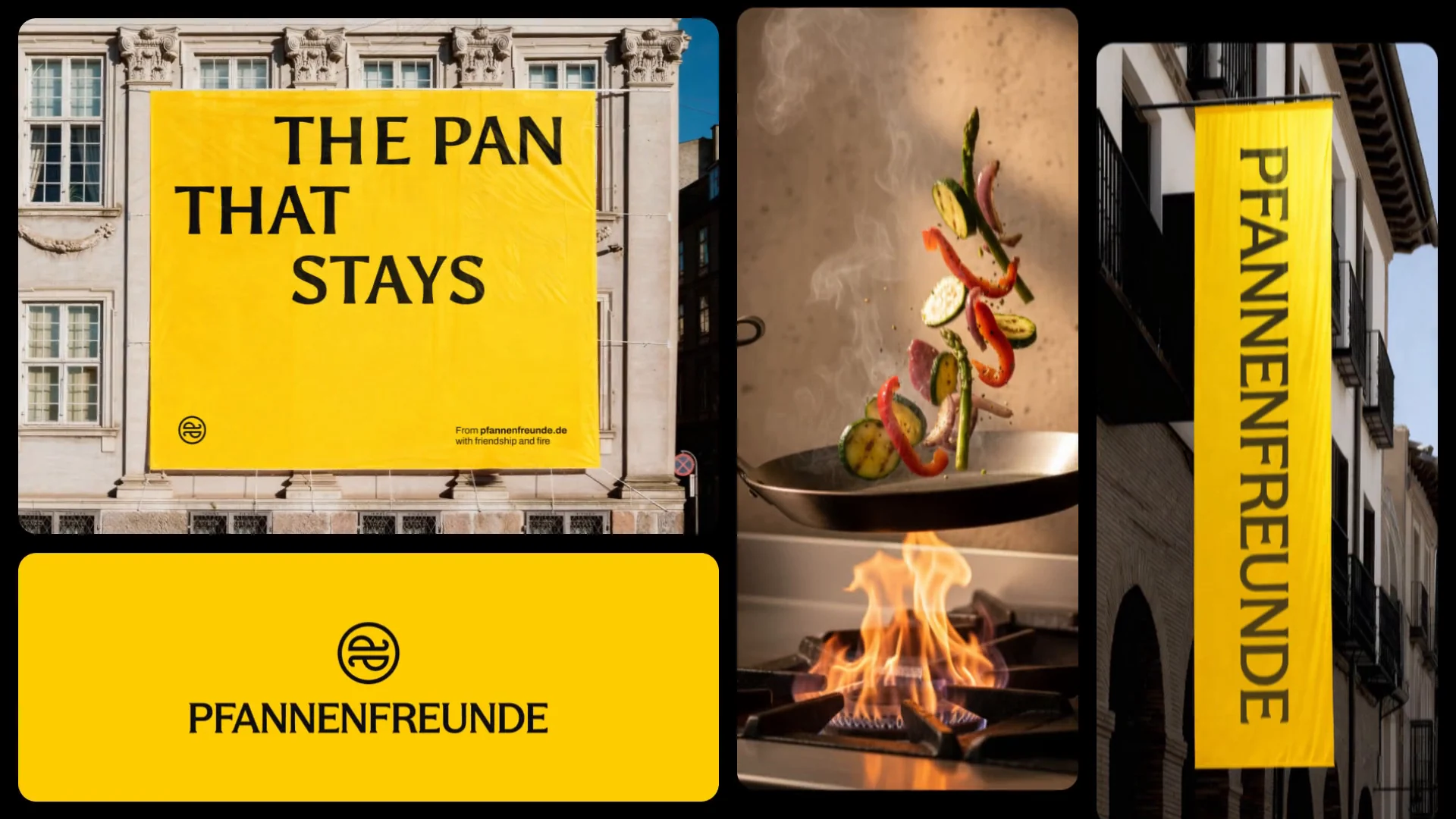 Plakat „The Pan That Stays“, gelbe Wortmarke, Gemüse über Flamme und hochformatige Pfannenfreunde-Fahne