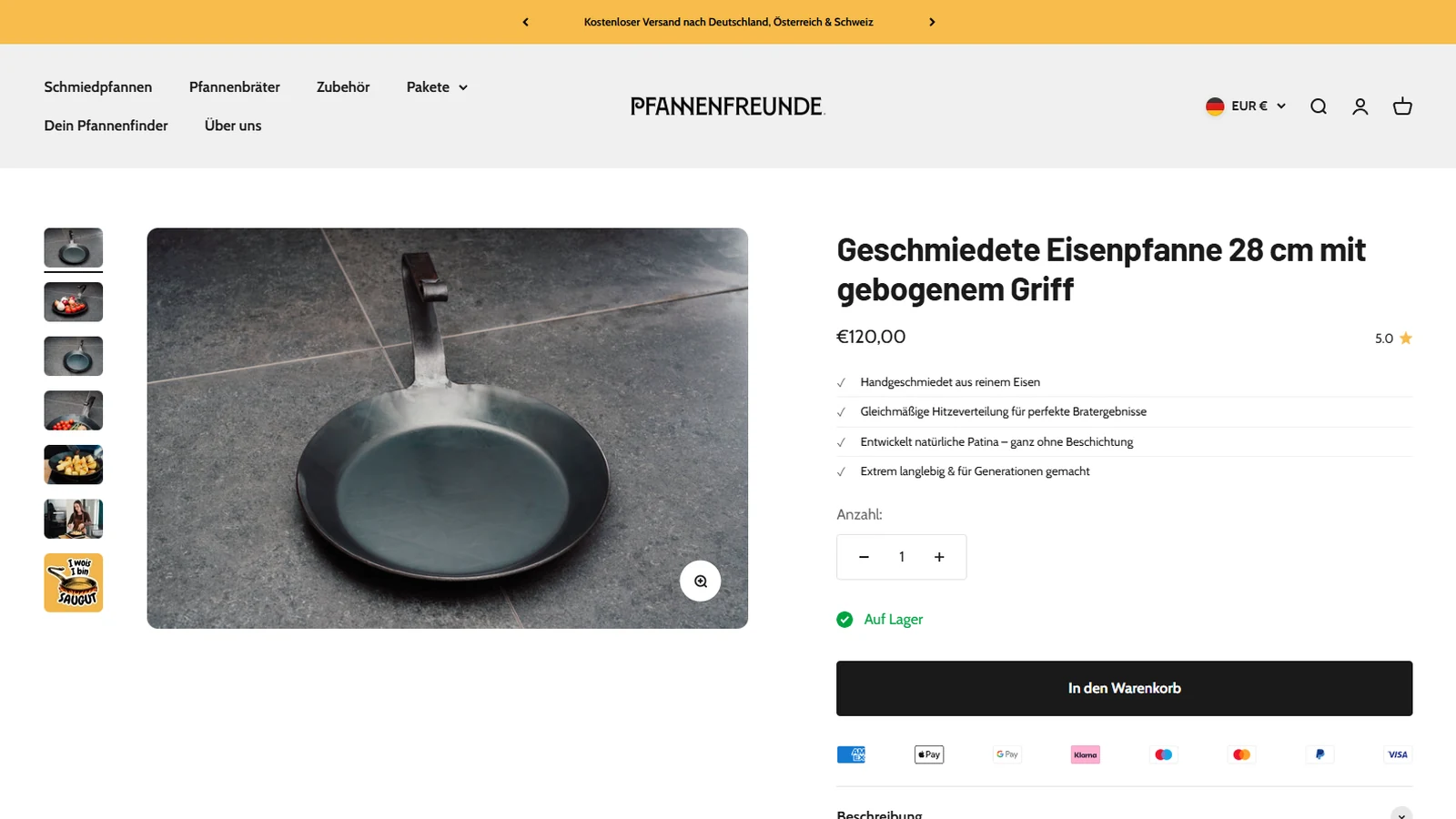 Produktseite der geschmiedeten Eisenpfanne 28 cm auf pfannenfreunde.com