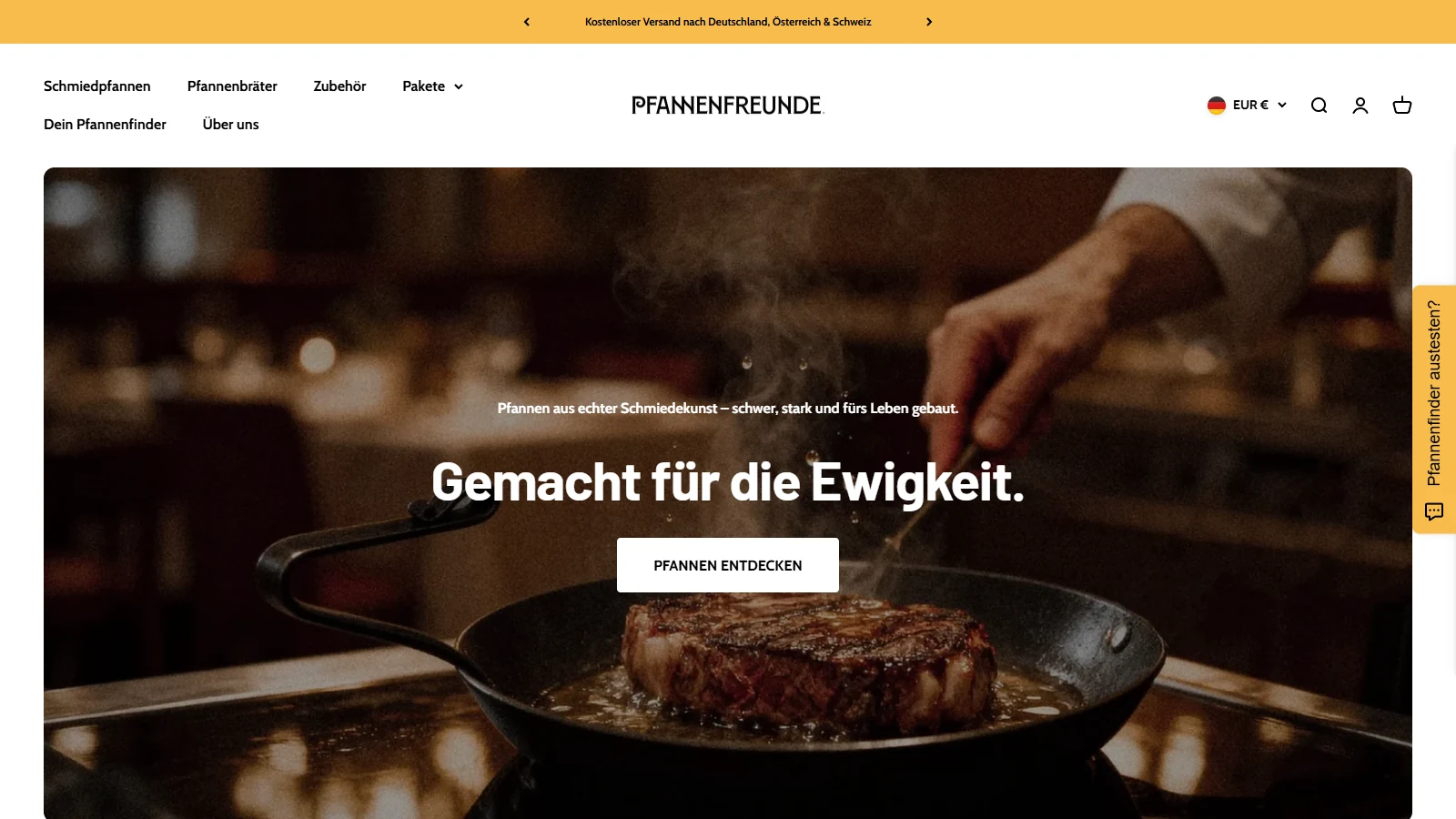 Startseite von pfannenfreunde.com mit Steak in der Eisenpfanne