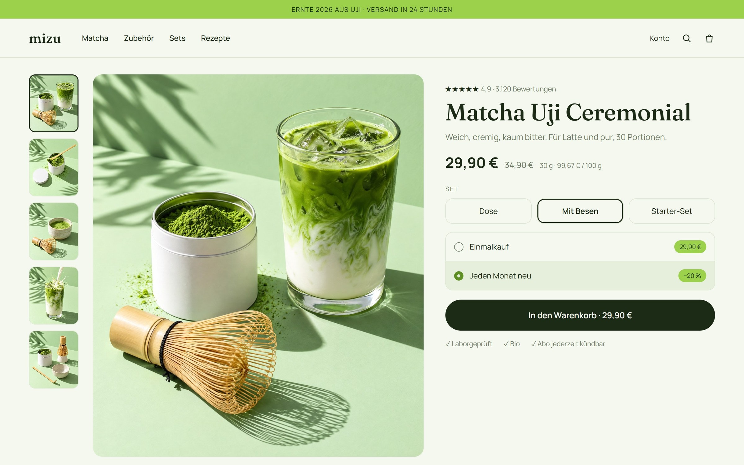Shop-Entwurf: Produktseite einer Matcha-Marke am Desktop