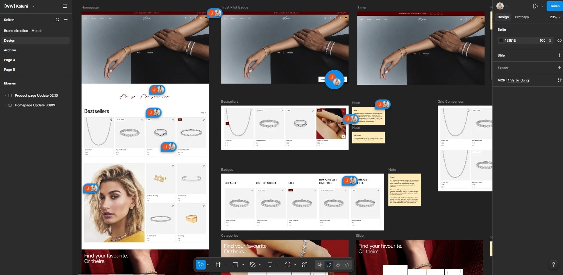 Figma-Arbeitsfläche aus dem Projekt Koluré: Startseite, Bestseller, Badges und Kategorien mit Notizen und Kommentaren