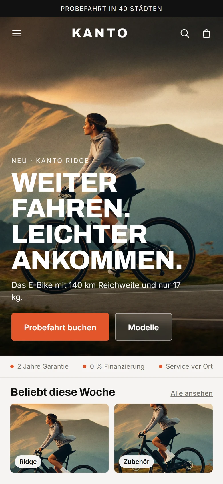 Beispielentwurf: Startseite einer E-Bike-Marke am iPhone