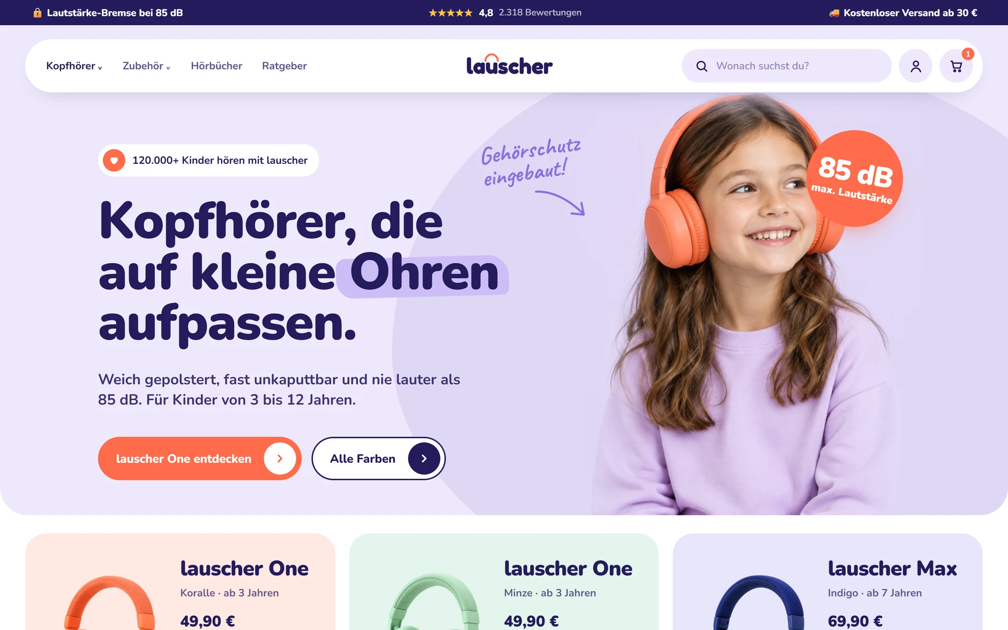Shop-Entwurf: Startseite der Kinderkopfhörer-Marke lauscher am Desktop