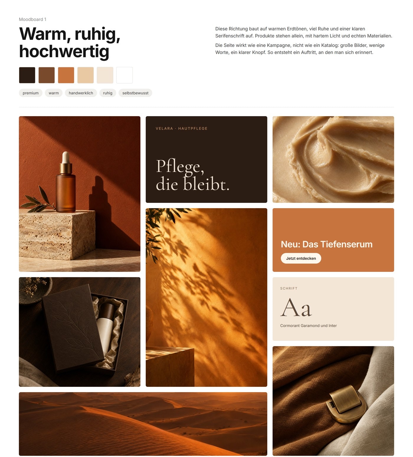 Moodboard einer Markenrichtung: warme Erdtöne, Serifenschrift, Produkt- und Materialbilder