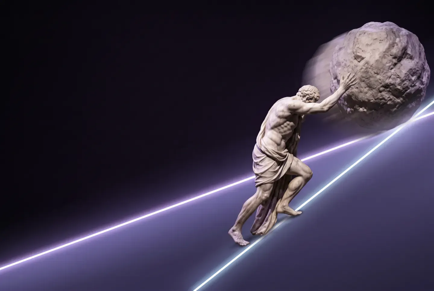Vertion-Motiv: Sisyphos zwischen Lichtlinien