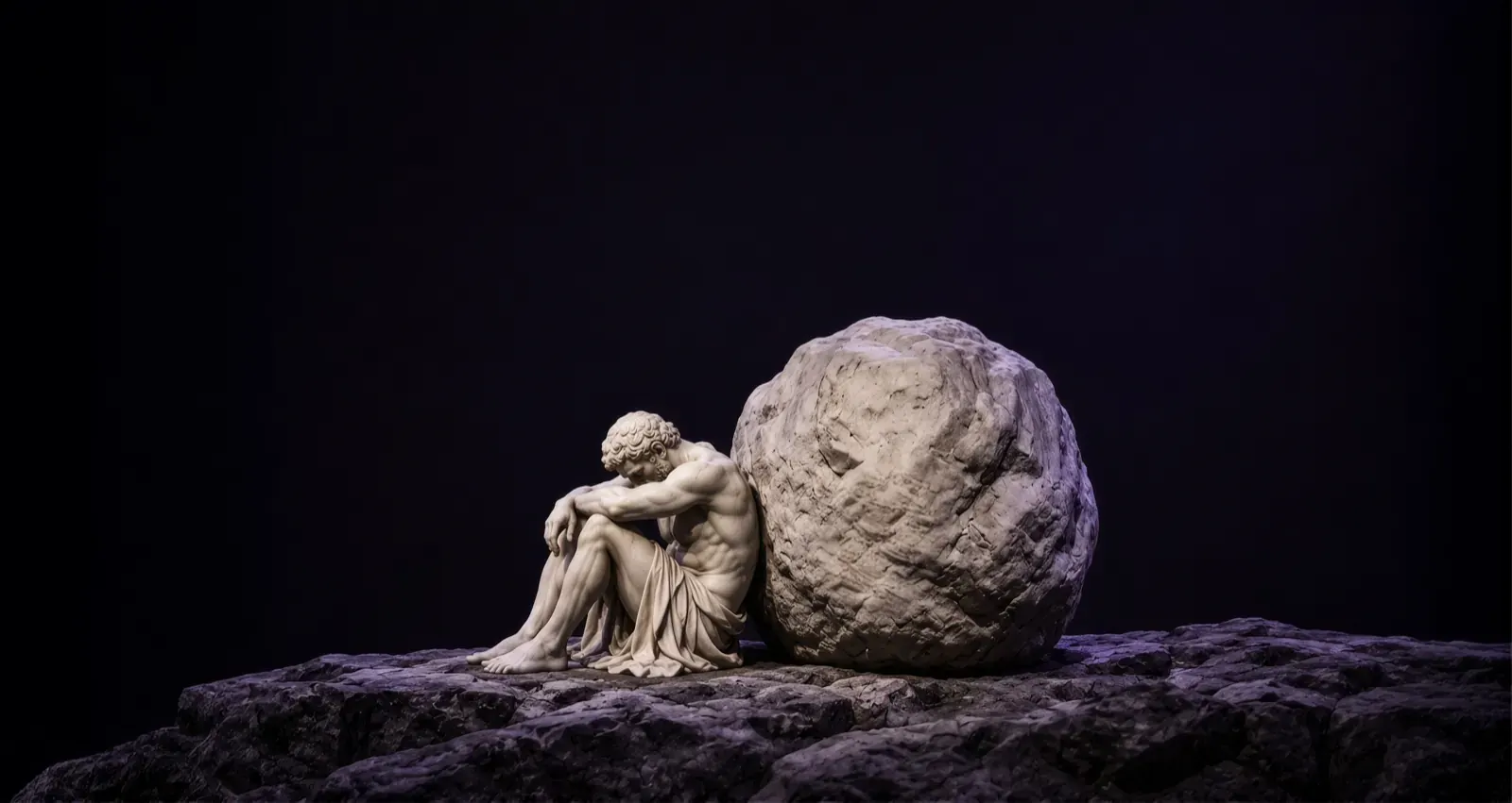 Vertion-Motiv: Statue erschöpft neben einem Felsbrocken