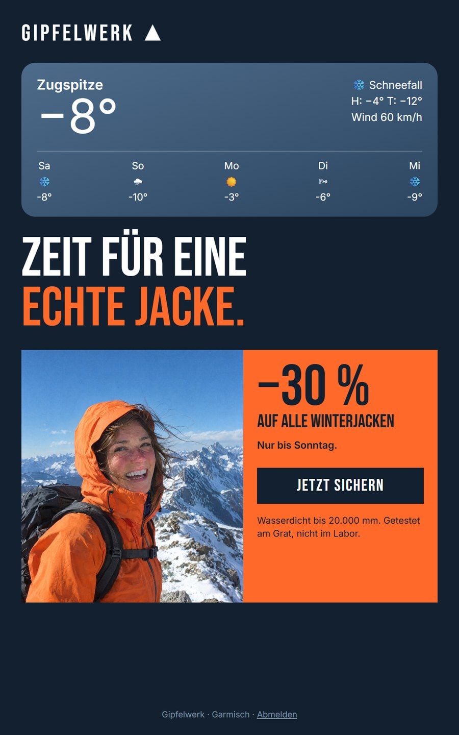 Aktionsmail von Gipfelwerk mit Wetterbericht: Zeit für eine echte Jacke