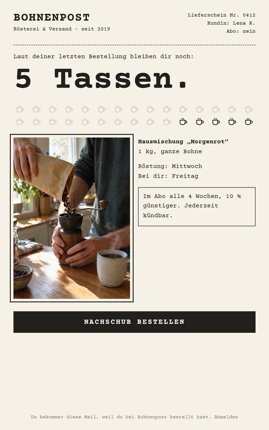Nachbestell-Mail von Bohnenpost als Lieferschein: Noch 5 Tassen