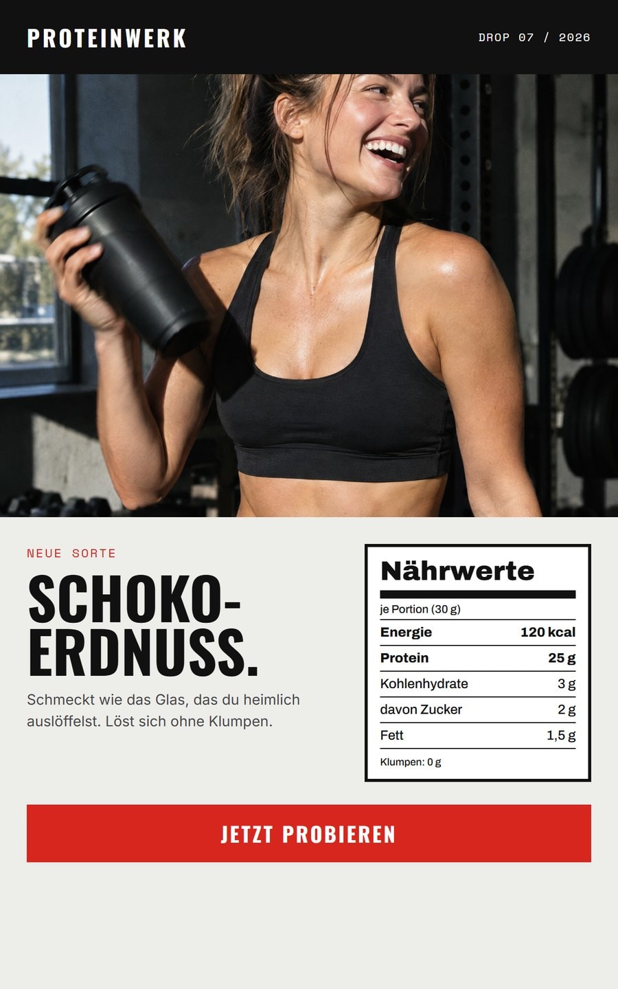 Neuheiten-Mail von Proteinwerk mit Nährwert-Etikett: Schoko-Erdnuss