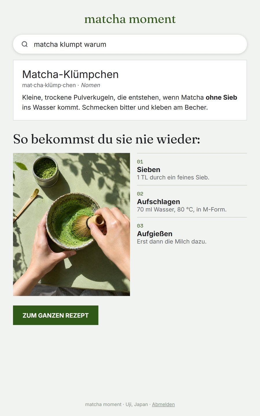 Ratgeber-Mail von Matcha Moment im Stil eines Suchergebnisses