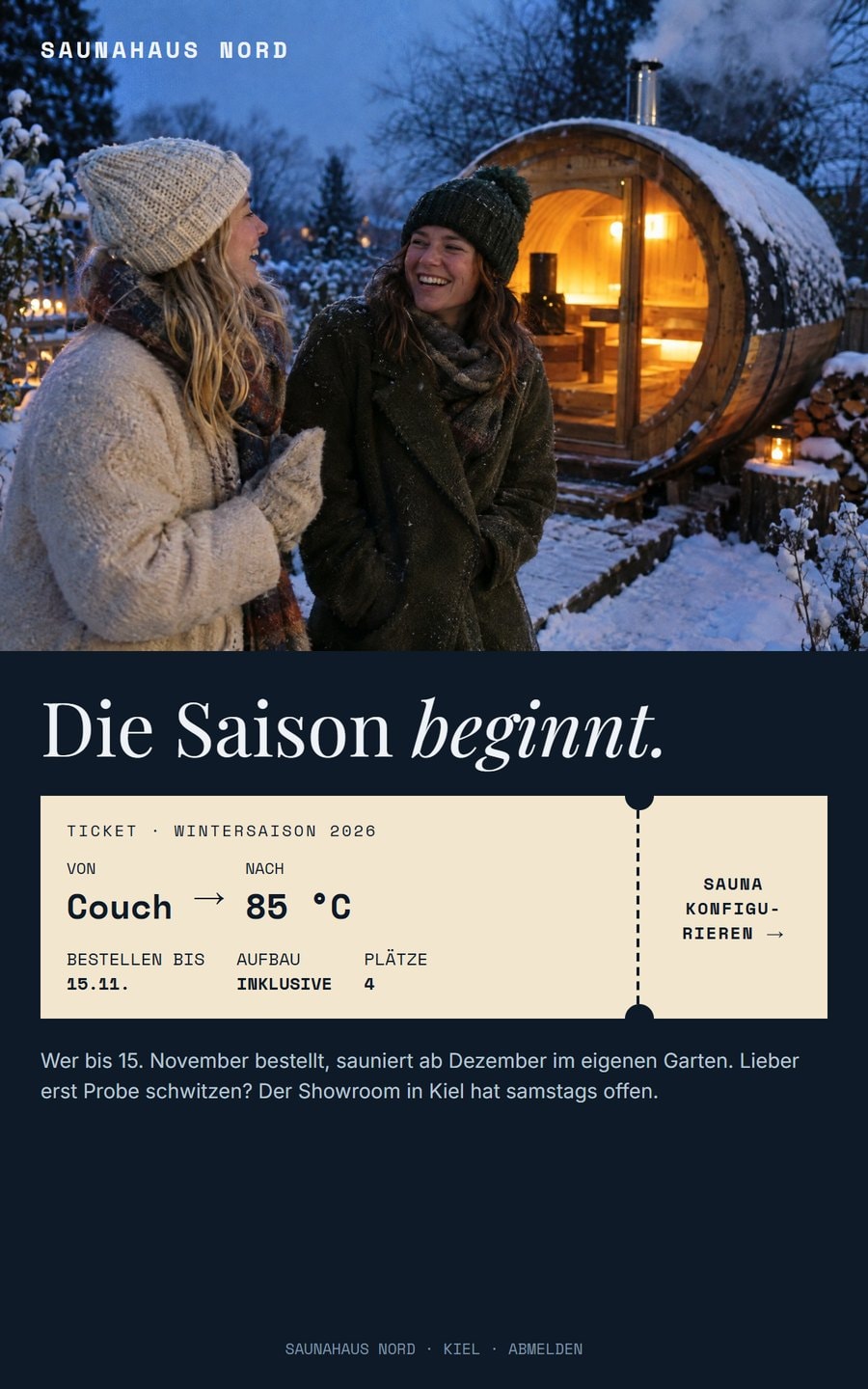 Saison-Mail von Saunahaus Nord als Ticket: Die Saison beginnt
