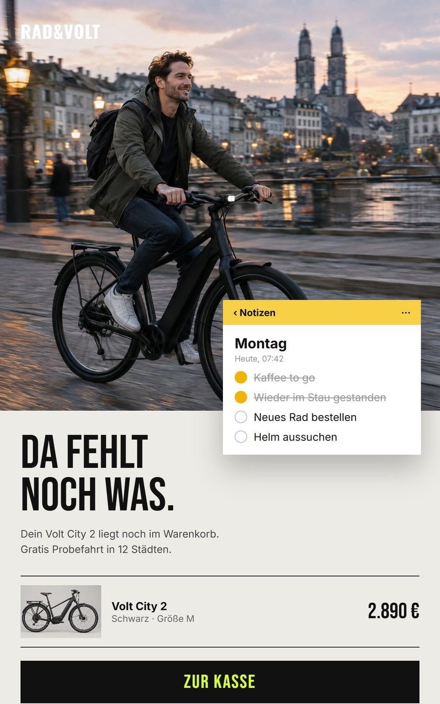 Warenkorb-Mail von Rad & Volt mit Notizen-App: Da fehlt noch was
