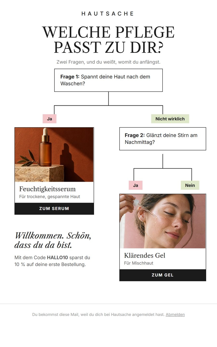Willkommensmail von Hautsache als Flussdiagramm: Welche Pflege passt zu dir?