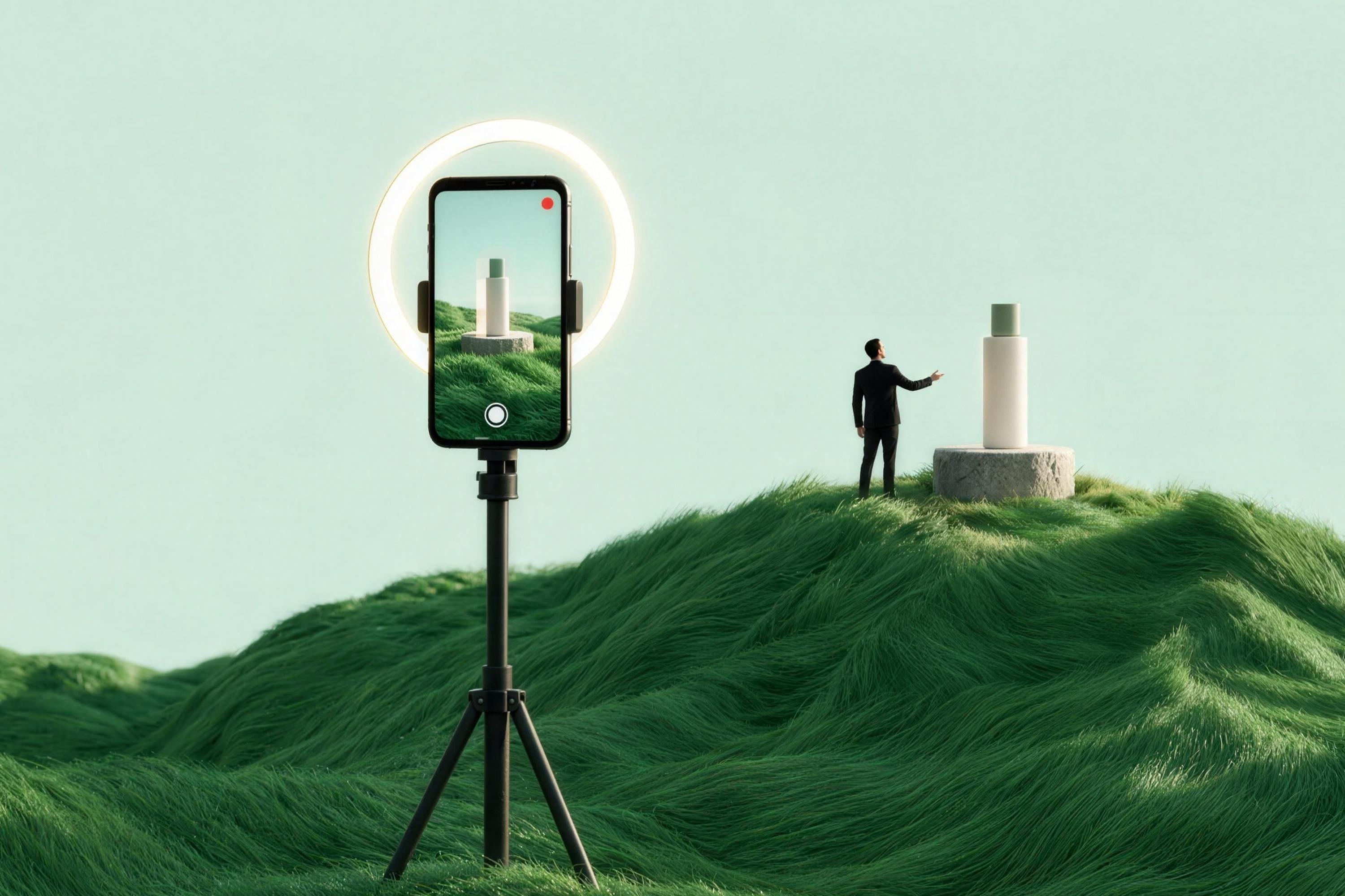 Smartphone auf einem Stativ mit Ringlicht filmt ein Produkt auf dem Hügel