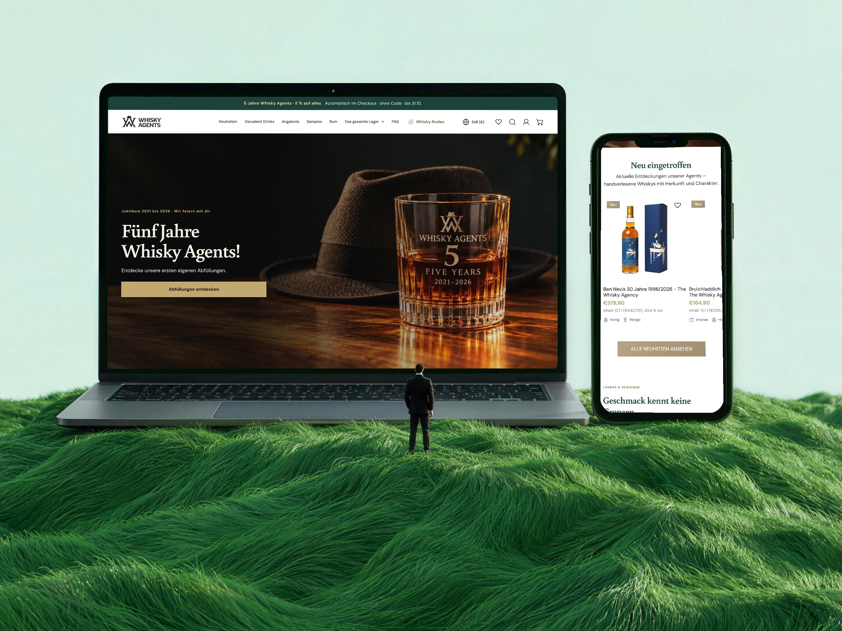 Whisky Agents: der echte Shop auf Bildschirm und Handy, in unserer Hügelwelt