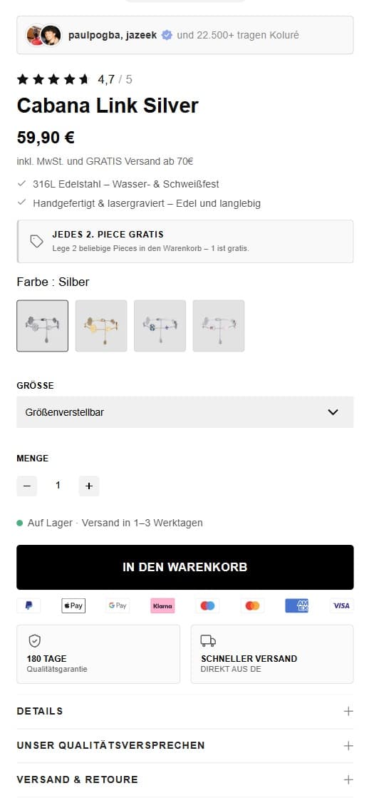 Koluré-Produktseite nach dem Relaunch auf dem Handy