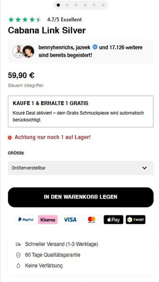 Koluré-Produktseite vor dem Relaunch auf dem Handy