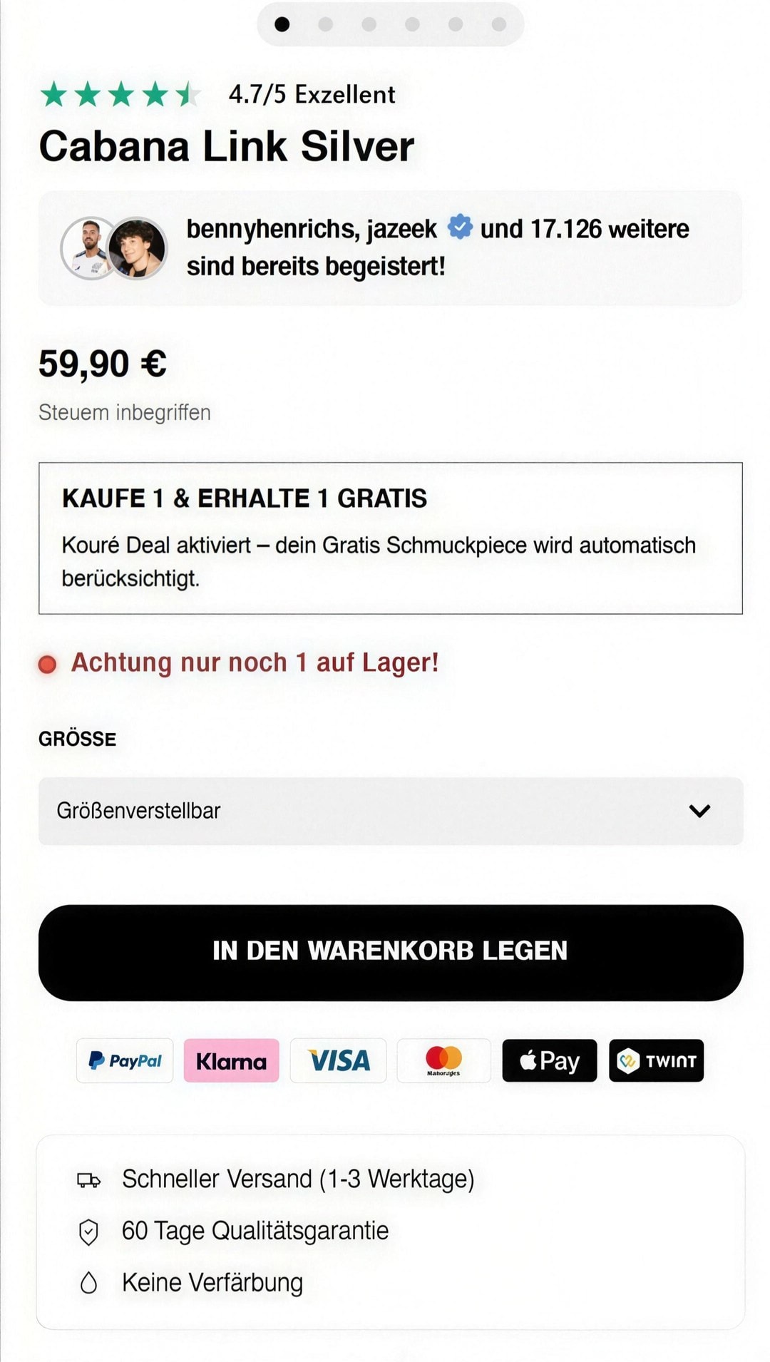 Koluré-Produktseite vor dem Relaunch auf dem Handy