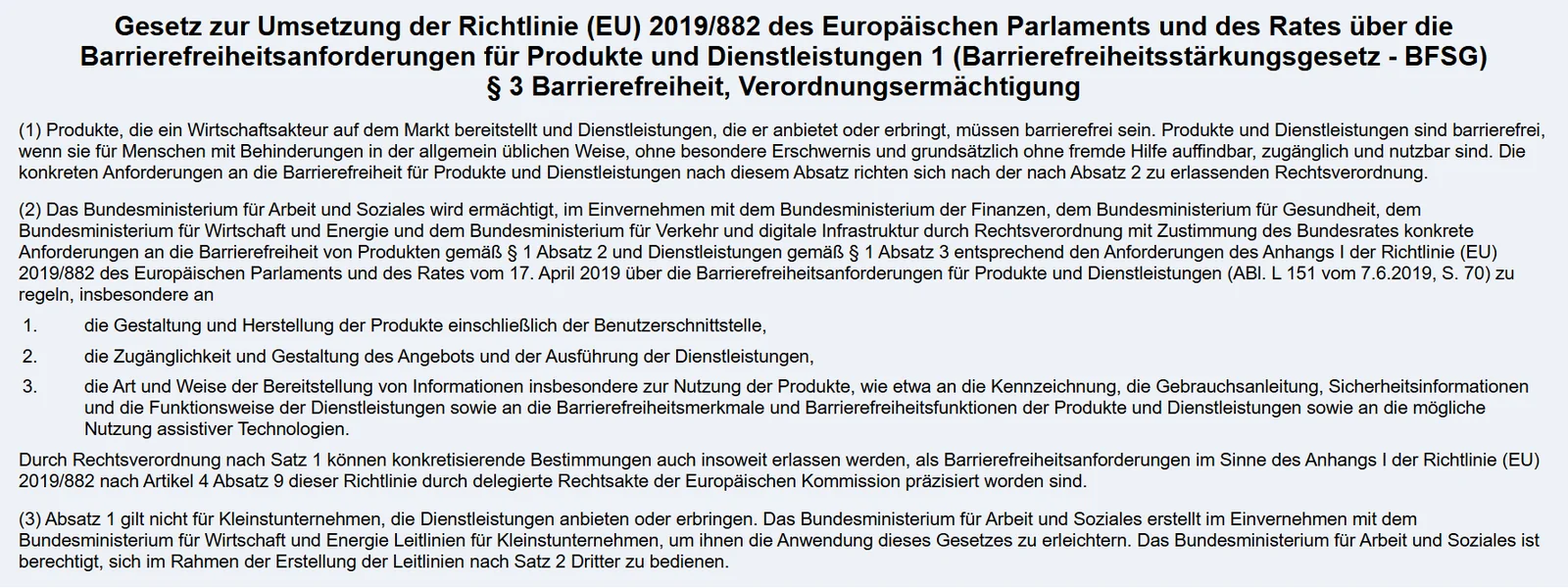 Gesetzestext von § 3 BFSG auf gesetze-im-internet.de mit den Absätzen 1 bis 3, Absatz 3 nimmt Kleinstunternehmen aus, die Dienstleistungen anbieten