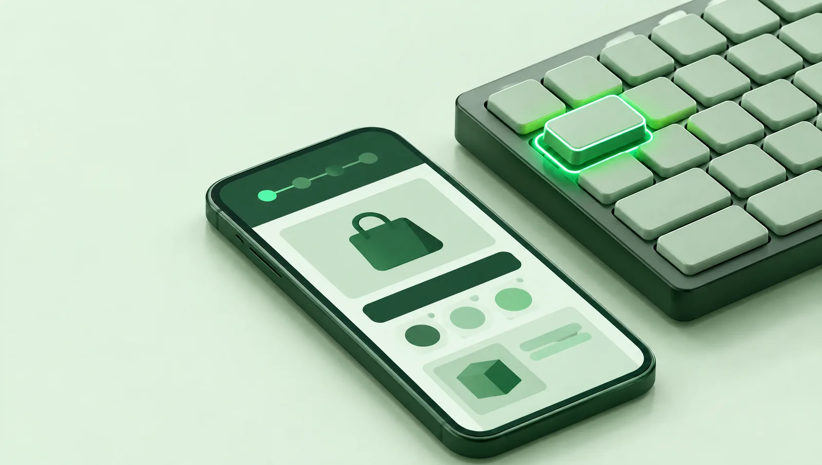 Eine Tastatur, deren Tab-Taste grün umrandet leuchtet, daneben ein Smartphone mit einer schlichten Shop-Oberfläche aus großen, kontrastreichen Flächen