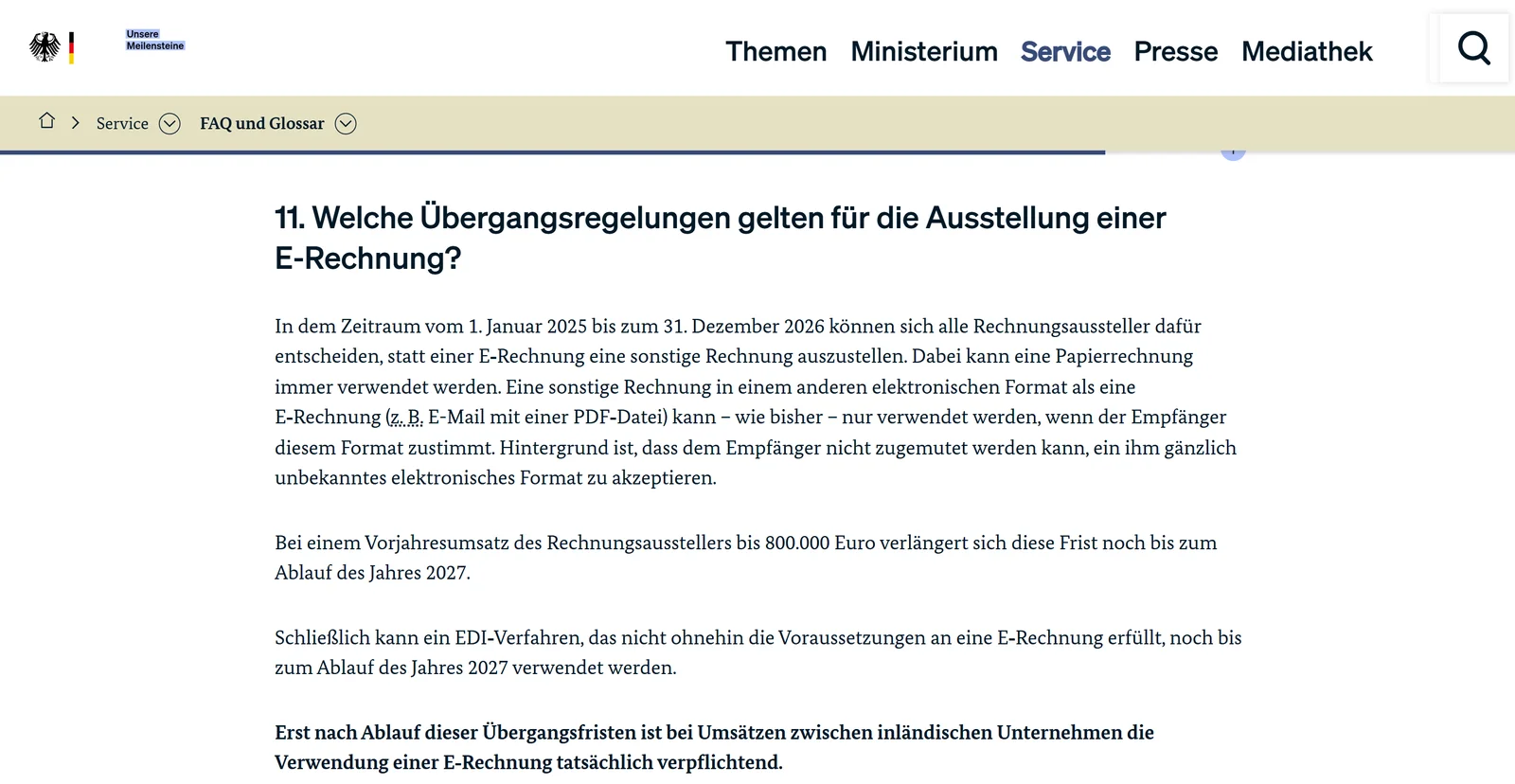 Frage 11 der FAQ des Bundesfinanzministeriums zur E-Rechnung: Übergangsregelungen bis 31. Dezember 2026, Verlängerung bis Ende 2027 bei Vorjahresumsatz bis 800.000 Euro, EDI bis Ende 2027
