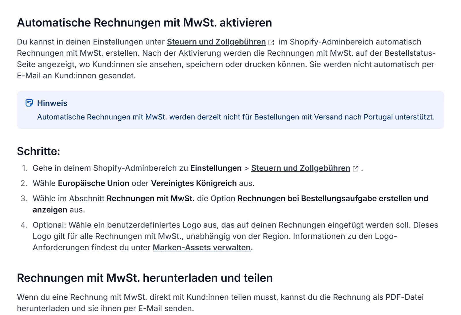 Shopify-Hilfe zu Rechnungen mit MwSt.: aktivieren unter Einstellungen, Steuern und Zollgebühren, Anzeige auf der Bestellstatus-Seite, Download als PDF-Datei