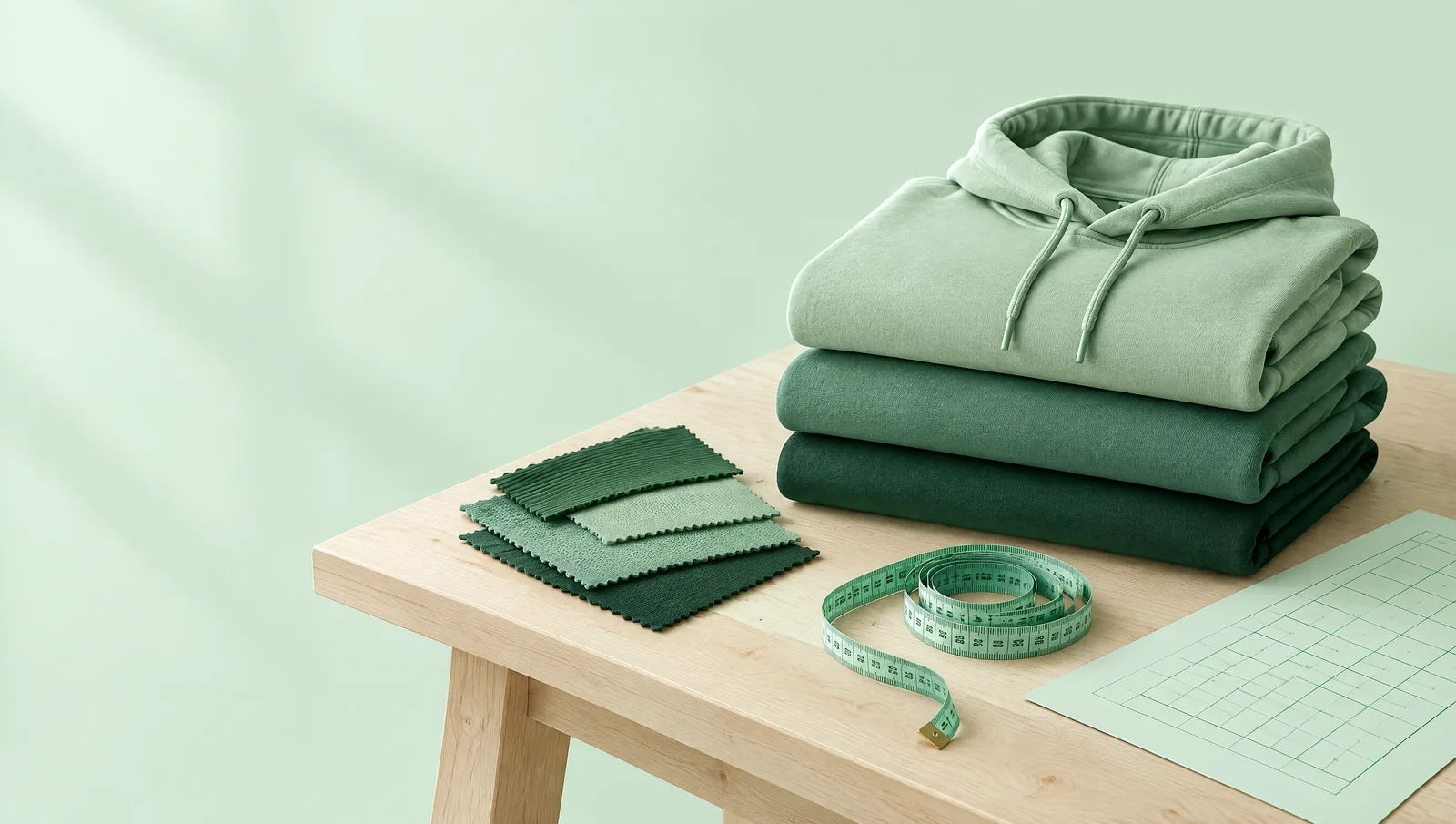 Drei gefaltete Hoodies in Grüntönen gestapelt auf einem hellen Holztisch, daneben Stoffmuster, ein Maßband und ein Rasterbogen