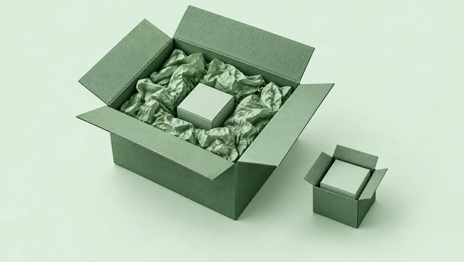 Ein großer offener Versandkarton mit einer kleinen Produktschachtel und viel Füllpapier, daneben ein kleiner Karton, in den dieselbe Schachtel genau passt