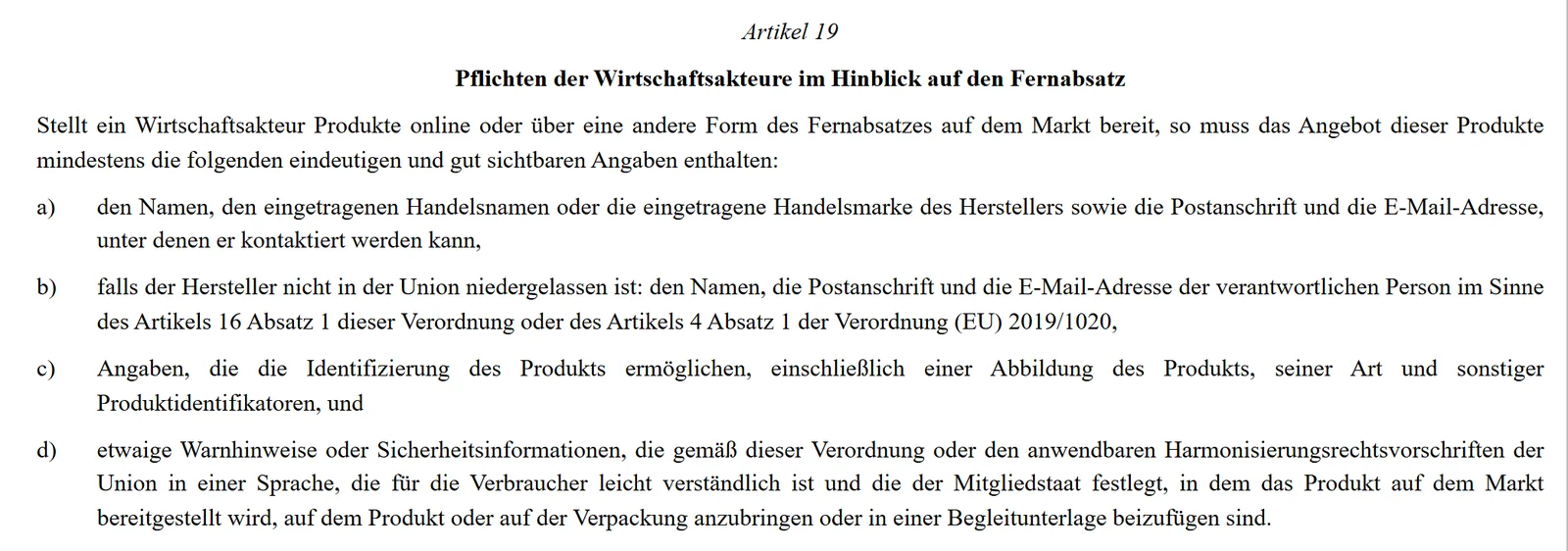 Ausschnitt aus der Verordnung (EU) 2023/988 auf EUR-Lex: Artikel 19, Pflichten der Wirtschaftsakteure im Hinblick auf den Fernabsatz, mit den Buchstaben a bis d