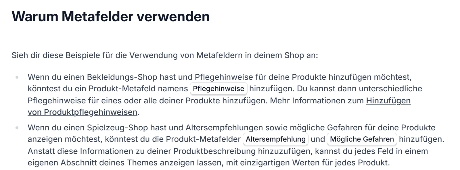 Ausschnitt aus der Shopify-Hilfe zu Metafeldern mit dem Beispiel eines Spielzeug-Shops, der die Metafelder Altersempfehlung und Mögliche Gefahren anlegt
