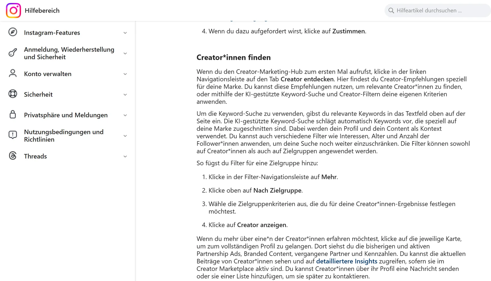 Ausschnitt aus dem Instagram-Hilfebereich, Artikel Creator*innen für Partnerschaften im Meta Creator-Marketing-Hub finden: Tab Creator entdecken, KI-gestützte Keyword-Suche, Filter nach Interessen, Alter und Anzahl der Follower, Filter nach Zielgruppe