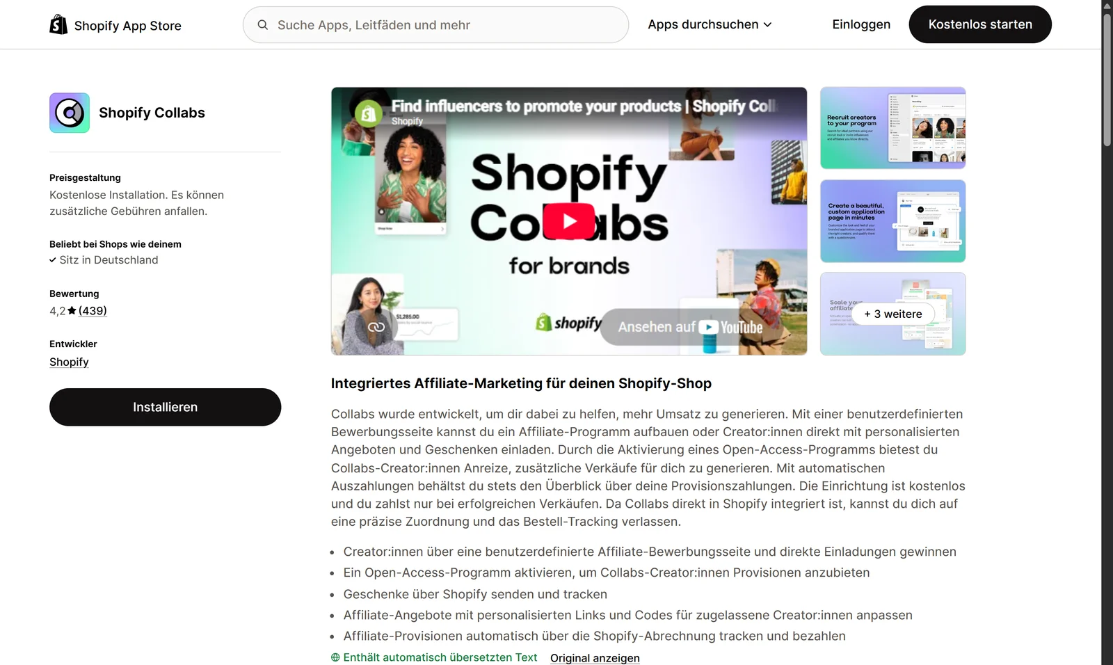 Ausschnitt aus dem Shopify App Store, App Shopify Collabs: Preisgestaltung Kostenlose Installation, Bewertung 4,2 bei 439 Rezensionen, Entwickler Shopify, Funktionen wie Bewerbungsseite, Open-Access-Programm, Geschenke und automatische Provisionen