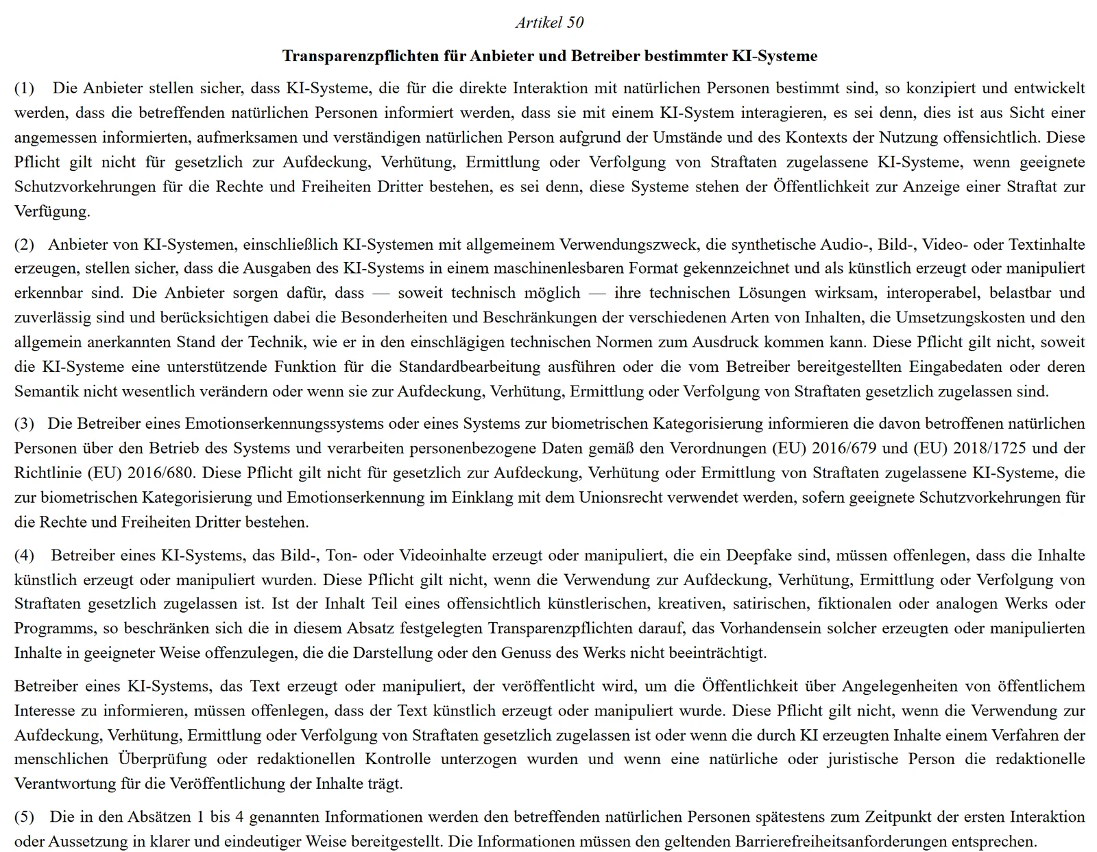 Ausschnitt aus der KI-Verordnung auf EUR-Lex: Artikel 50, Transparenzpflichten für Anbieter und Betreiber bestimmter KI-Systeme, Absätze 1 bis 5