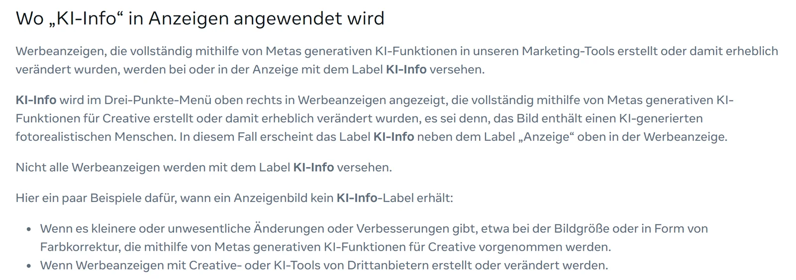 Ausschnitt aus der Meta-Hilfe: Wo das Label KI-Info in Anzeigen erscheint und wann ein Anzeigenbild kein Label erhält