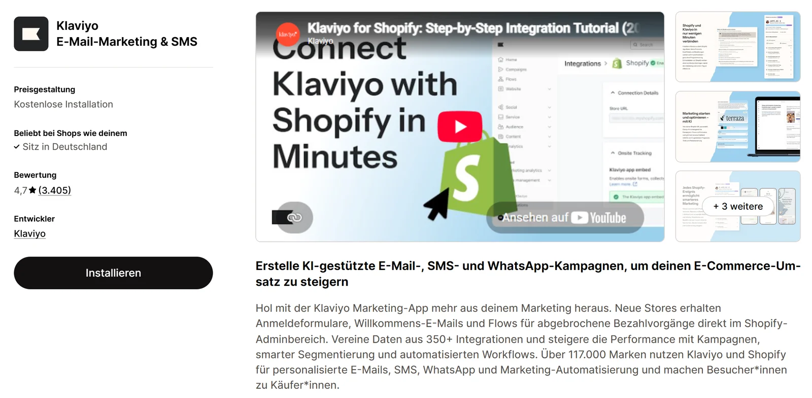 Ausschnitt aus dem Shopify App Store: Eintrag Klaviyo E-Mail-Marketing & SMS mit Preisgestaltung Kostenlose Installation, Bewertung 4,7 aus 3.405 Bewertungen, Entwickler Klaviyo, Knopf Installieren und einem Tutorial-Video zum Verbinden mit Shopify