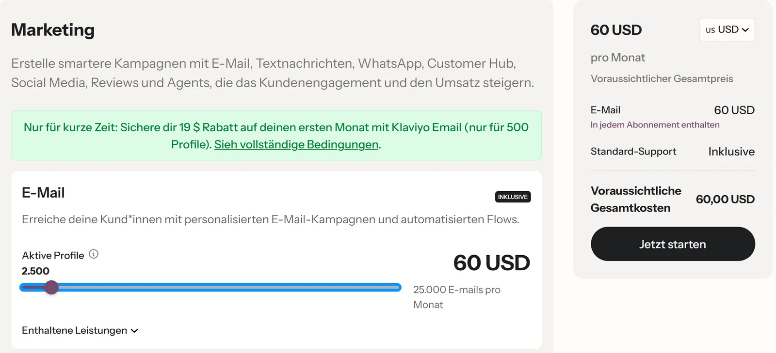 Ausschnitt aus dem Klaviyo-Preisrechner: Bereich Marketing, Karte E-Mail mit Schieberegler bei 2.500 aktiven Profilen, Preis 60 USD und 25.000 E-Mails pro Monat, rechts die voraussichtlichen Gesamtkosten von 60 USD pro Monat