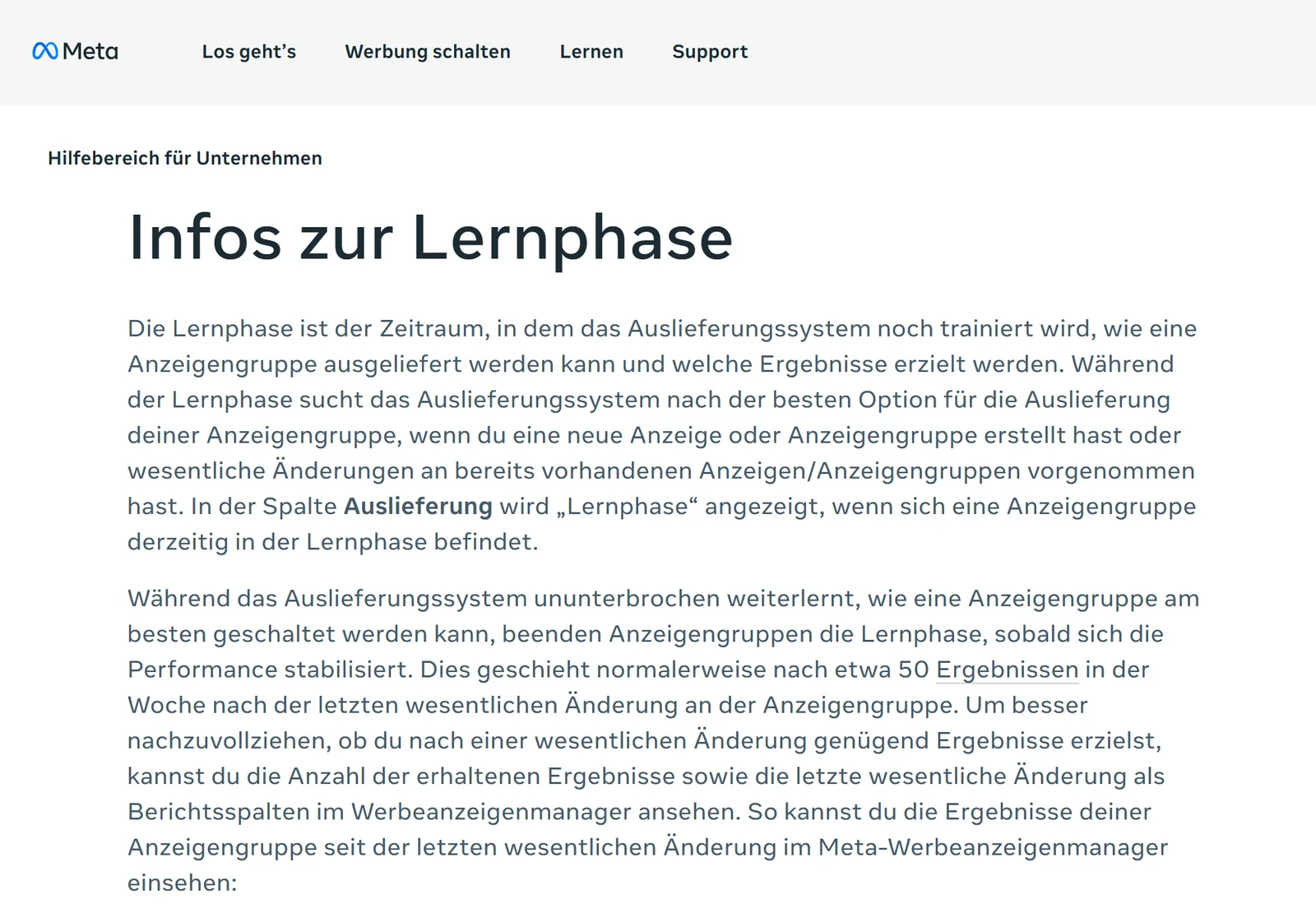 Ausschnitt aus dem Meta-Hilfebereich, Artikel Infos zur Lernphase: Anzeigengruppen beenden die Lernphase normalerweise nach etwa 50 Ergebnissen in der Woche nach der letzten wesentlichen Änderung
