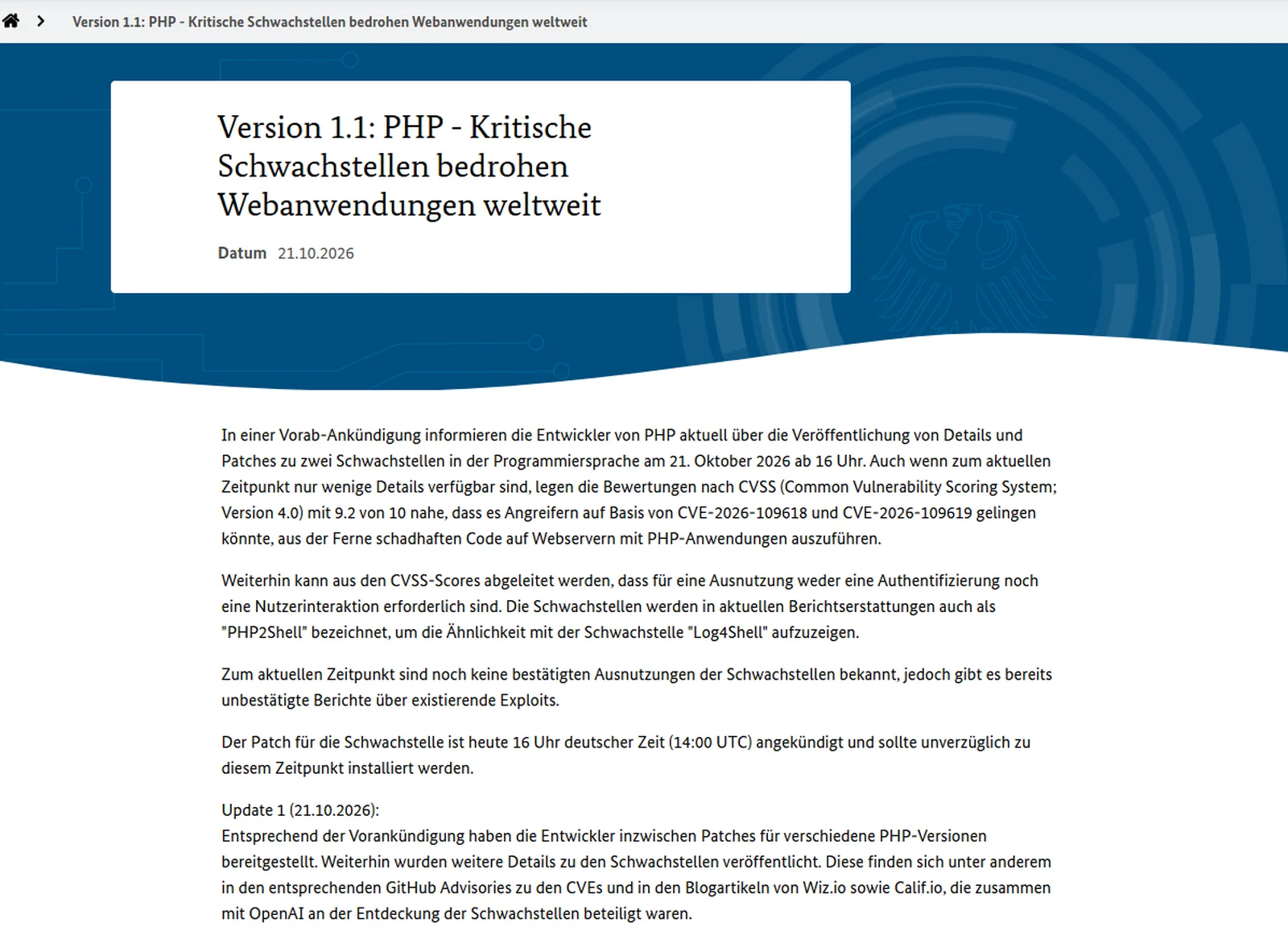 Cybersicherheitswarnung des BSI vom 21. Oktober 2026, Version 1.1, zu den PHP-Schwachstellen CVE-2026-109618 und CVE-2026-109619 mit dem Hinweis, den Patch unverzüglich zu installieren