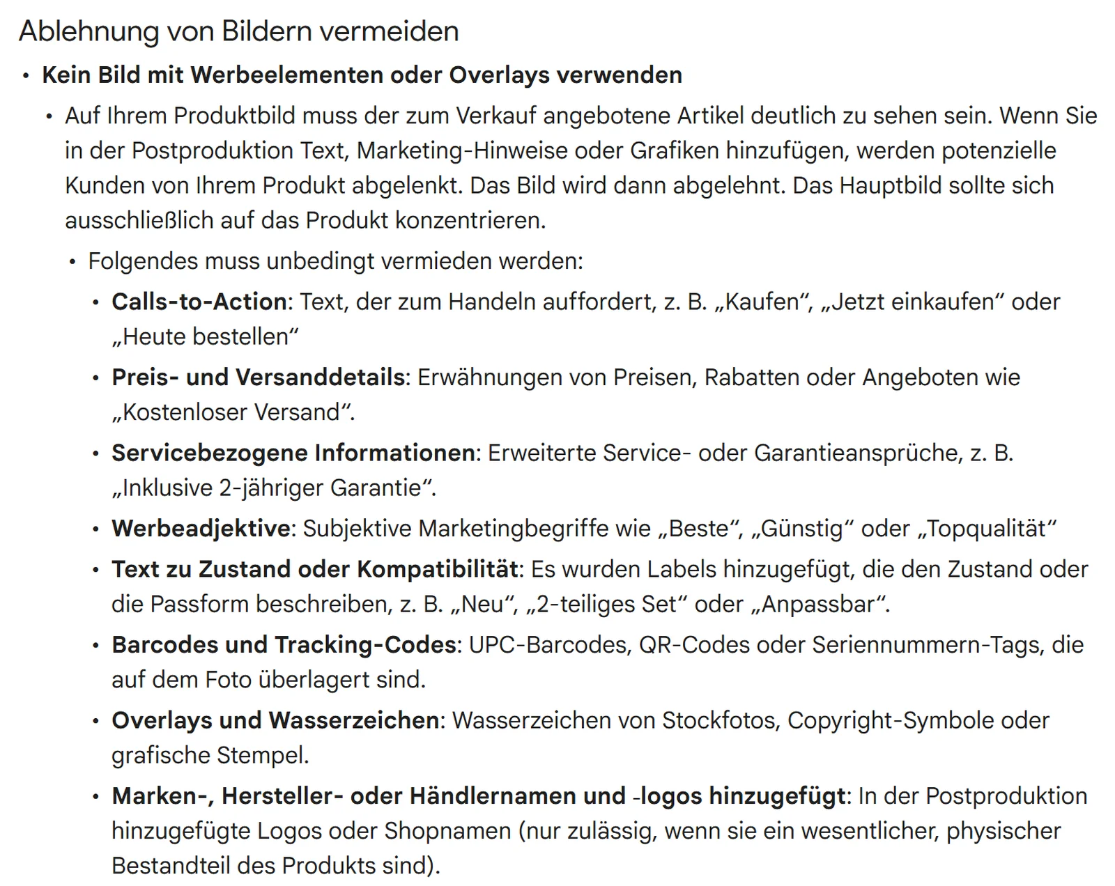 Abschnitt Ablehnung von Bildern vermeiden der Google-Merchant-Center-Hilfe: keine Calls-to-Action, keine Preis- und Versanddetails, keine Werbeadjektive, keine Wasserzeichen, keine nachträglich hinzugefügten Logos