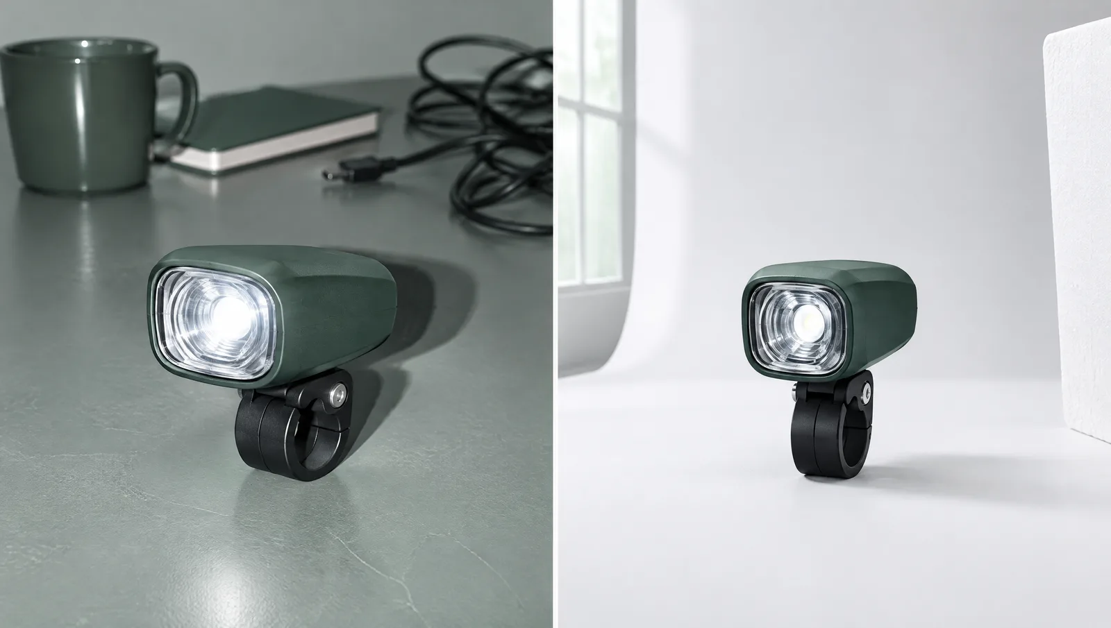 Dieselbe grüne Fahrradlampe zweimal: links auf einem vollen Schreibtisch mit Tasse, Notizbuch und Kabel bei hartem Licht, rechts auf weißer Hohlkehle bei weichem Fensterlicht mit Reflektor
