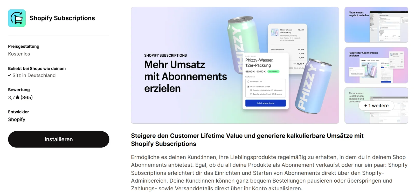 Shopify App Store, Seite der App Shopify Subscriptions: Preisgestaltung kostenlos, Bewertung 3,7 bei 865 Bewertungen, Entwickler Shopify