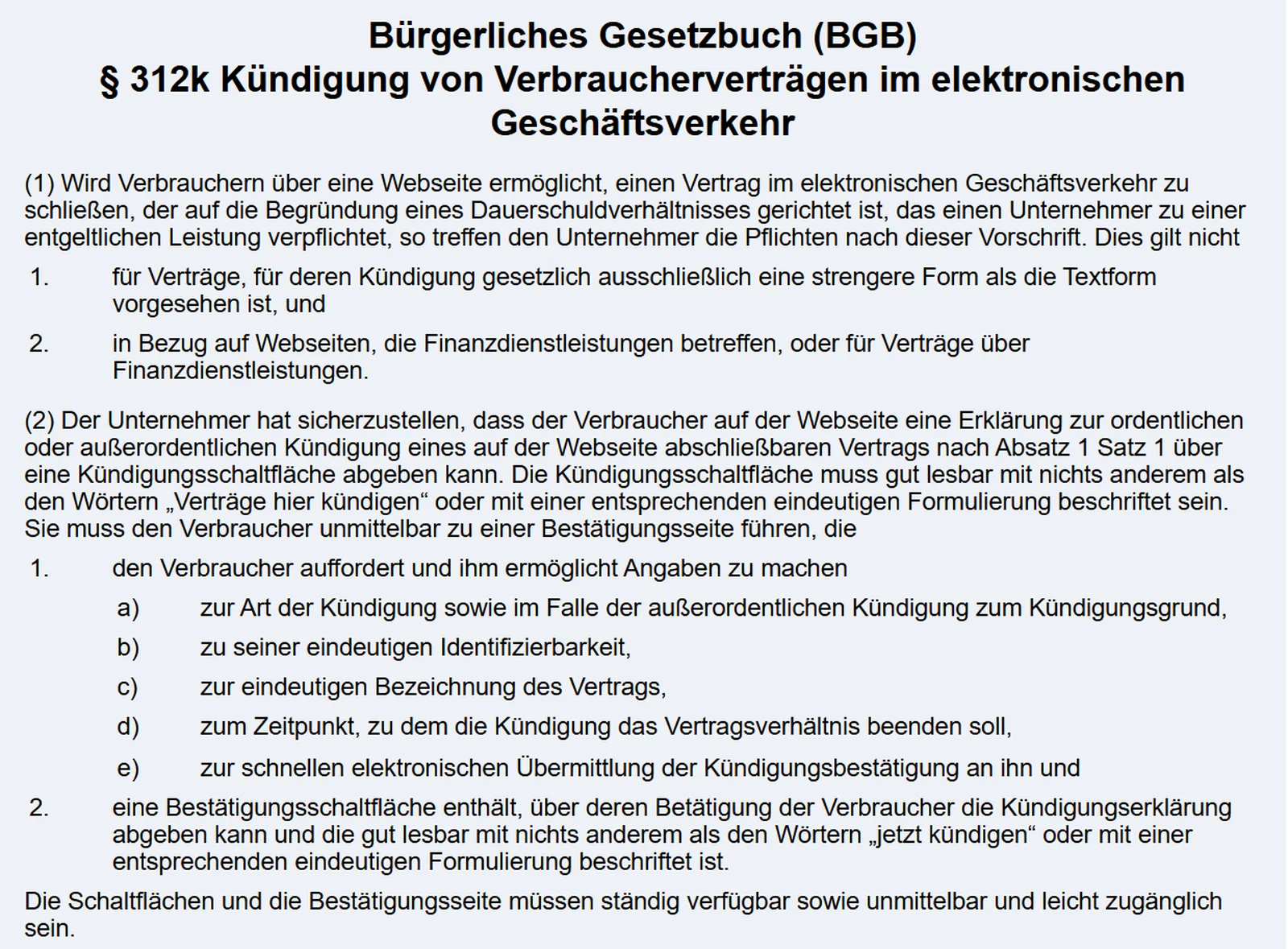 Gesetzestext § 312k BGB auf gesetze-im-internet.de, Absätze 1 und 2 mit den Beschriftungen Verträge hier kündigen und jetzt kündigen