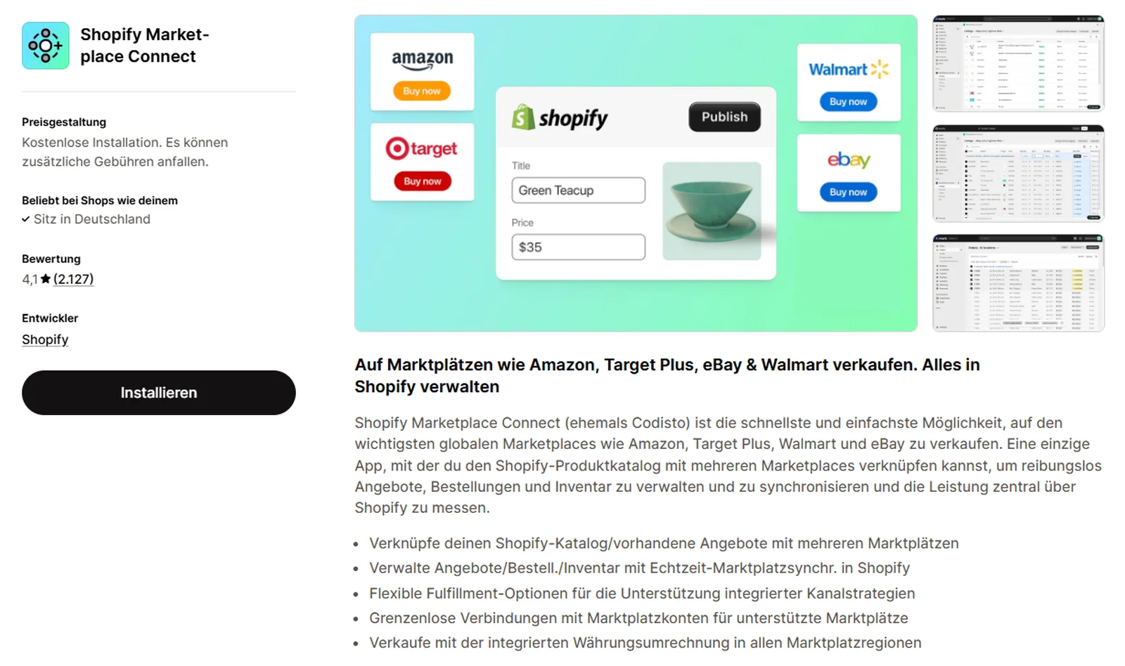 Eintrag der App Shopify Marketplace Connect im Shopify App Store mit Bewertung 4,1, Entwickler Shopify und dem Hinweis auf Amazon, Target Plus, eBay und Walmart