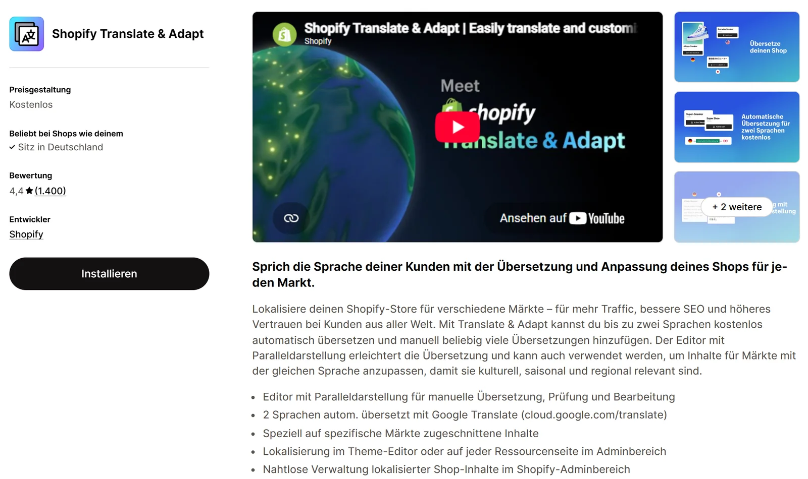 Eintrag von Shopify Translate & Adapt im Shopify App Store mit Preisgestaltung Kostenlos, Bewertung 4,4 bei 1.400 Bewertungen und Entwickler Shopify
