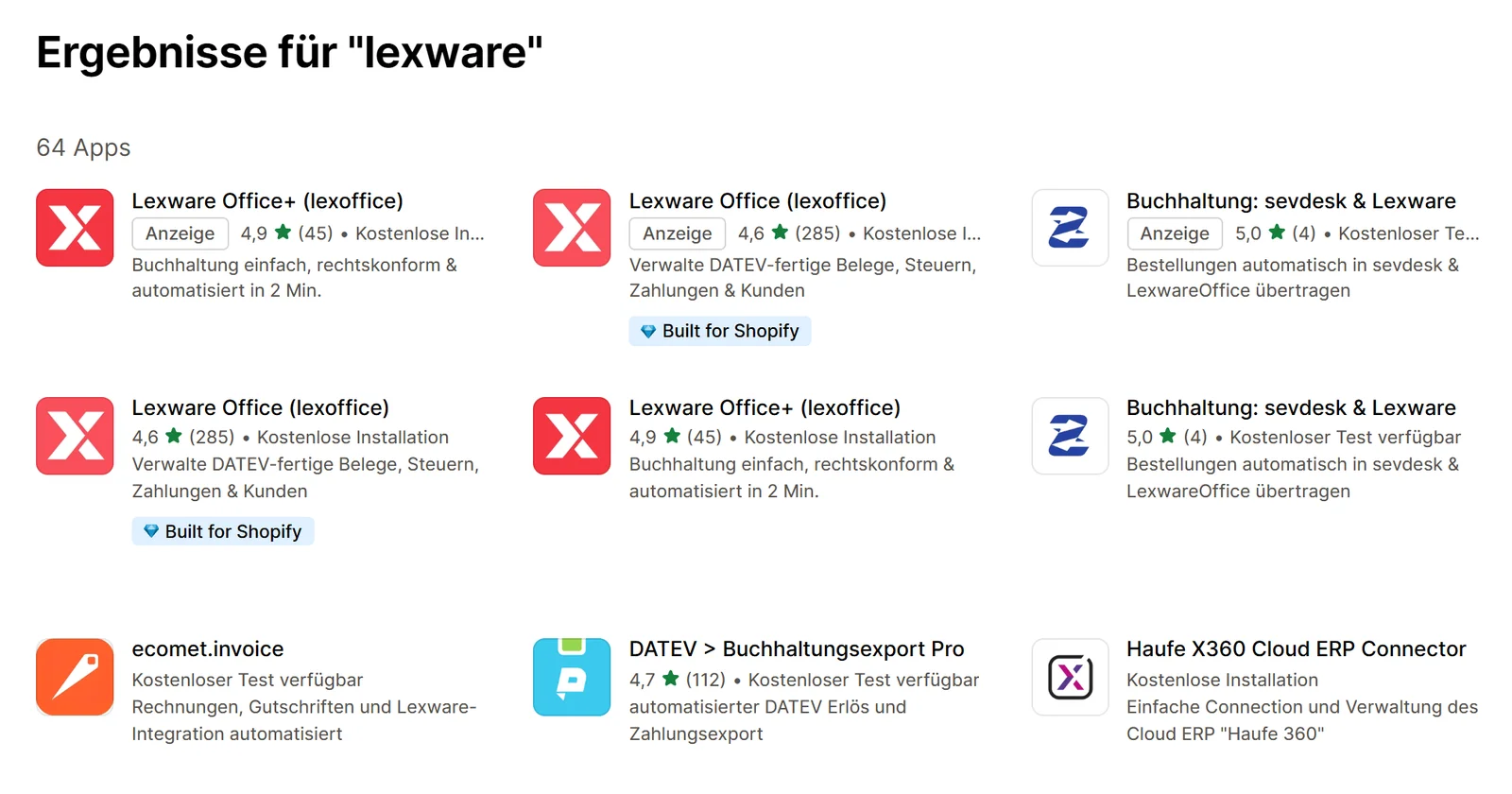 Suchergebnis im Shopify App Store für lexware: Lexware Office+ (lexoffice), Lexware Office (lexoffice), Buchhaltung sevdesk und Lexware, ecomet.invoice, DATEV Buchhaltungsexport Pro und weitere Apps, einige als Anzeige markiert
